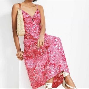 LOFT Pink Floral paisley tie front poplin Midi Dress